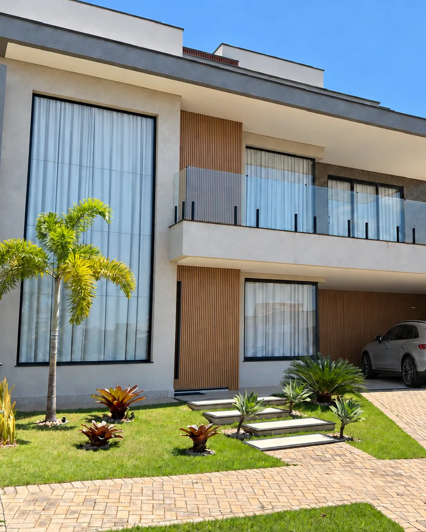 Fachada de residência de dois pavimentos com painéis amadeirados, janelas do piso ao teto e guarda-corpo de vidro, obra entregue por Jennifer Faustino