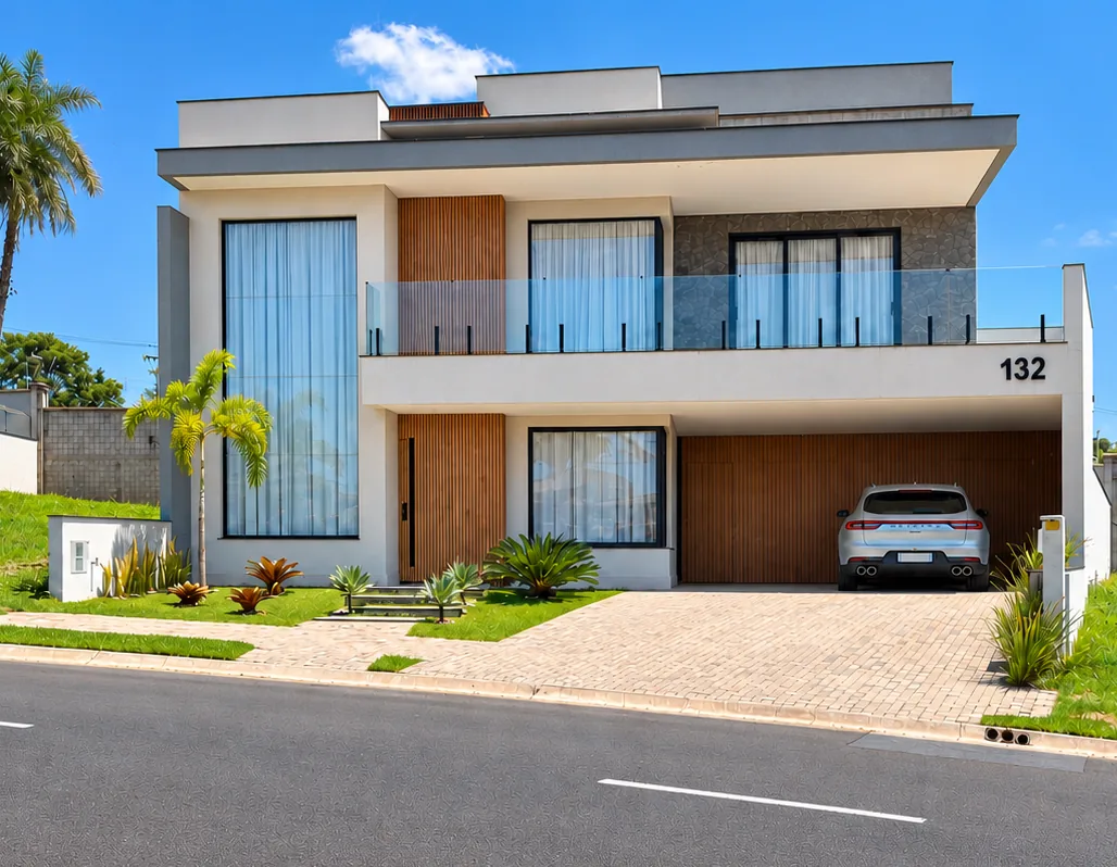 Vista frontal de residência contemporânea com painéis amadeirados, varanda de vidro e jardim de entrada